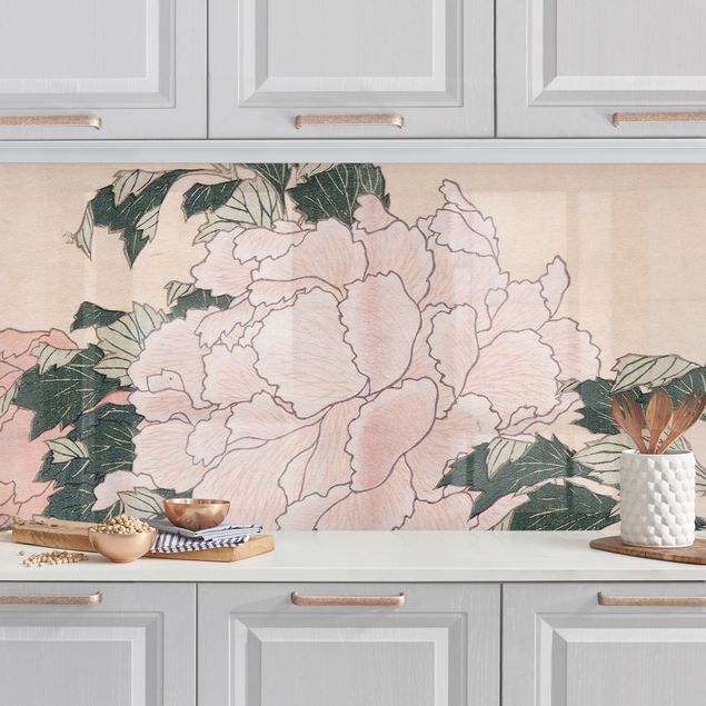 Küchen Deko Katsushika Hokusai - Rosa Pfingstrosen mit Schmetterling