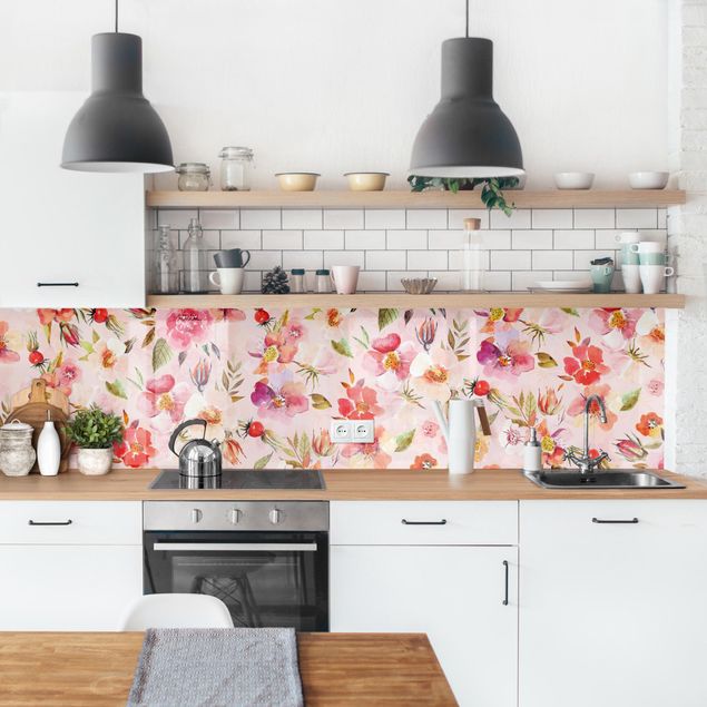 Glasrückwand Küche Aquarellierte Blumen auf Rosa