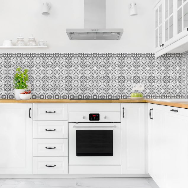 Küchenrückwände Fliesenoptik Geometrischer Fliesenmix Blüte Grau
