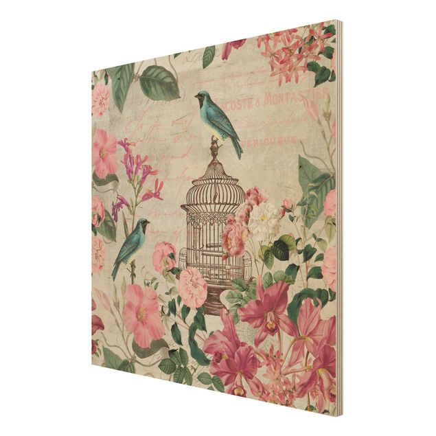 Holzbilder Vintage Shabby Chic Collage - Rosa Blüten und blaue Vögel