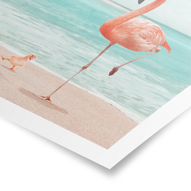 Poster Blumen Strand mit Flamingo