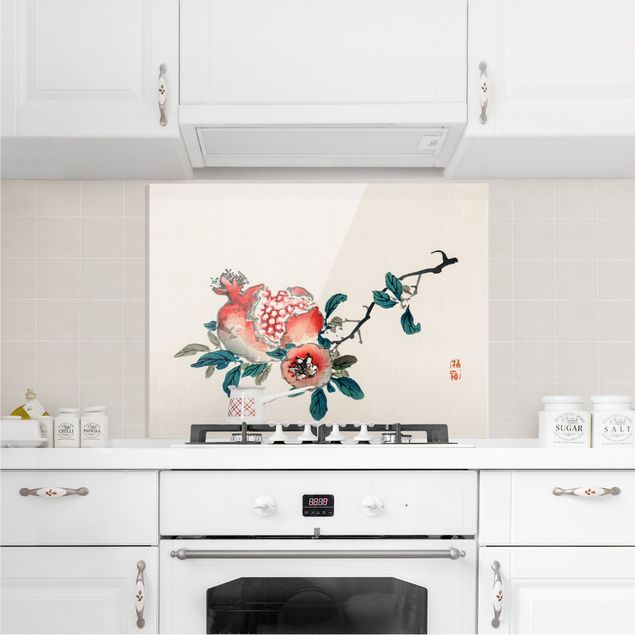 Glasrückwand Küche Blumen Asiatische Vintage Zeichnung Granatapfel