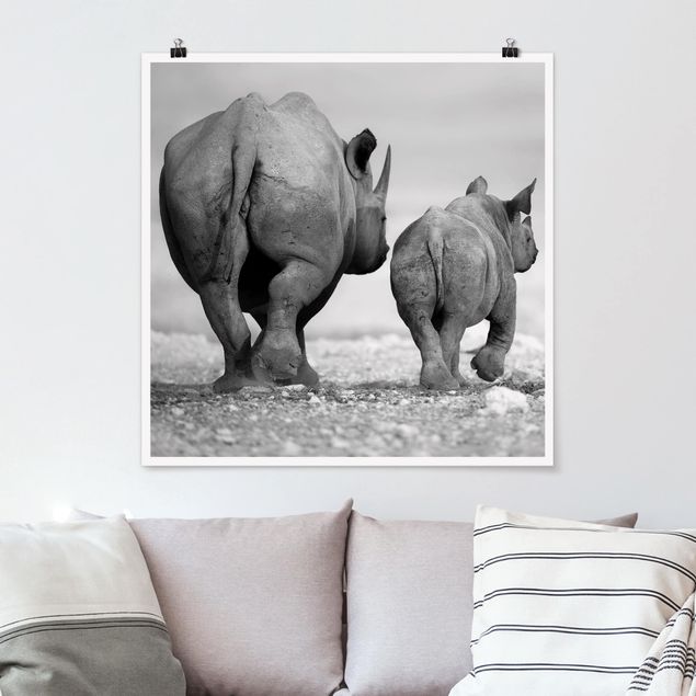 schwarz-weiß Poster Wandering Rhinos II