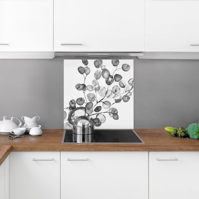 Glasrückwand Küche Blumen Schwarz Weiß Aquarell Eukalyptuszweig