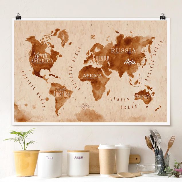 Weltkarte Wandposter Weltkarte Aquarell beige braun