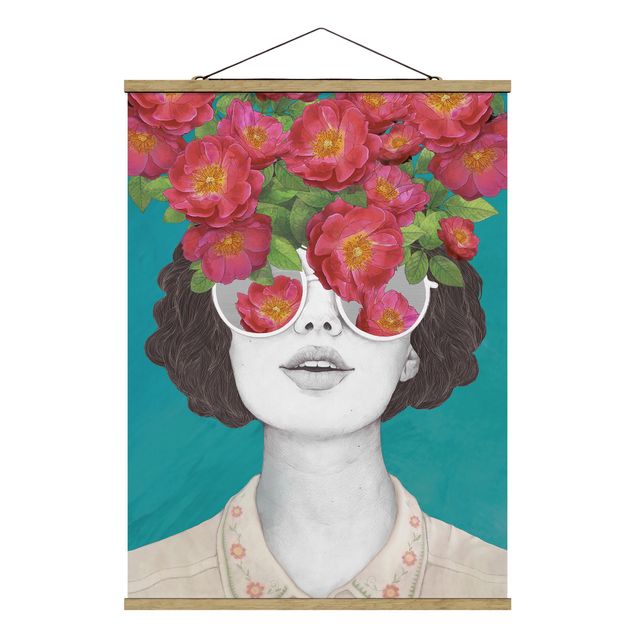 Wandbilder Modern Illustration Portrait Frau Collage mit Blumen Brille