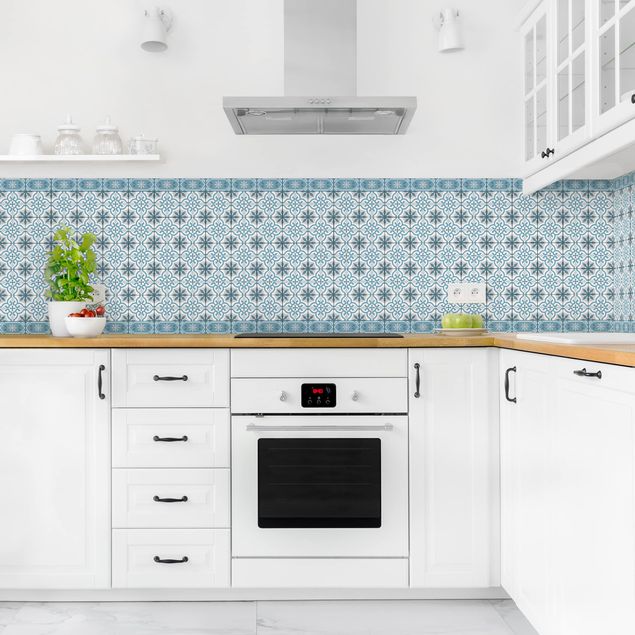 Küchenrückwände Fliesenoptik Geometrischer Fliesenmix Kreuz Blaugrau