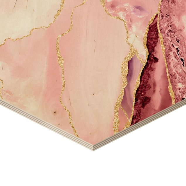 schöne Bilder Abstrakte Berge Rosa mit Goldenen Linien