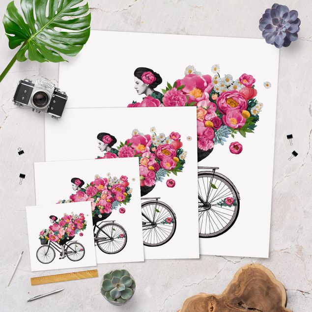 Poster kaufen Illustration Frau auf Fahrrad Collage bunte Blumen