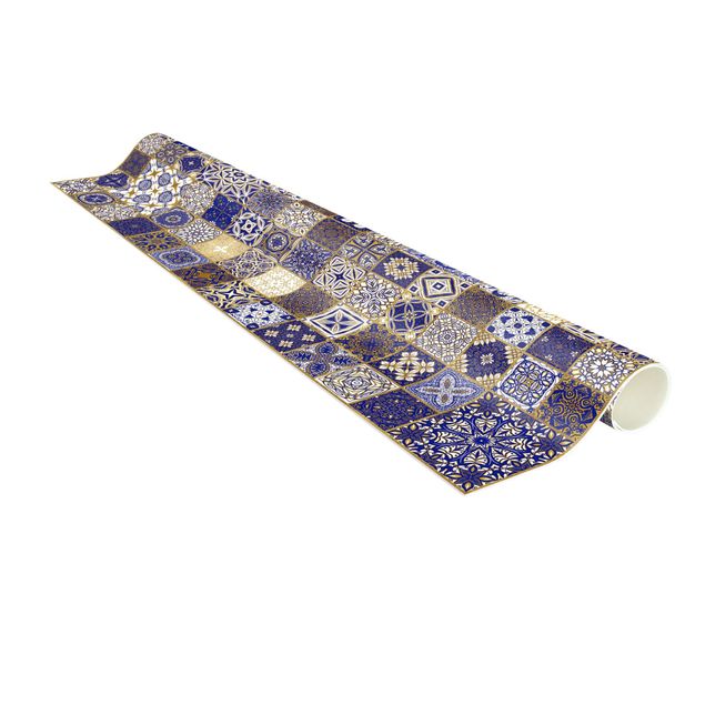 Moderner Teppich Orientalische Fliesen Blau mit Goldschimmer
