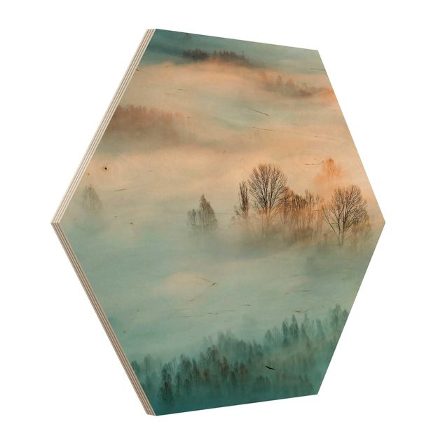 Bilder auf Holz Nebel bei Sonnenaufgang