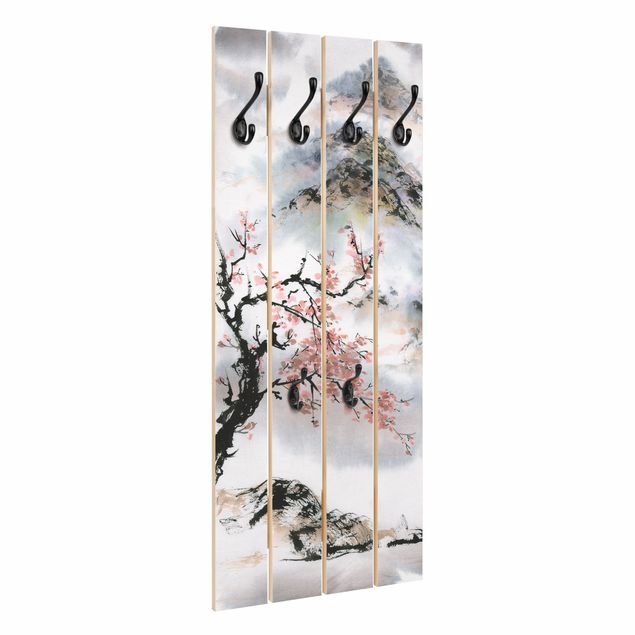 Garderobe mit Motiv Japanische Aquarell Zeichnung Kirschbaum und Berge