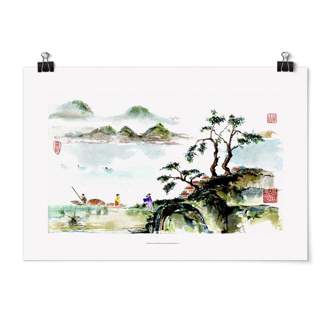 Poster Retro Vintage Japanische Aquarell Zeichnung See und Berge