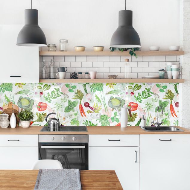 Glasrückwand Küche Gemüse und Kräuter Illustration