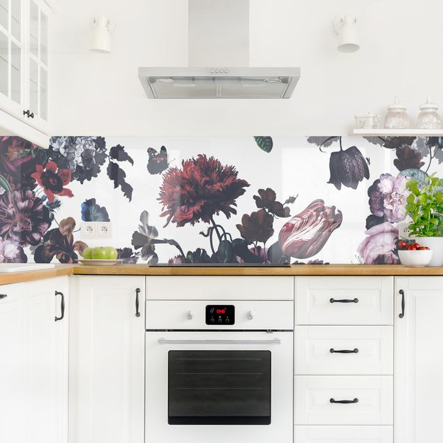 Glasrückwand Küche Altmeisterlicher Blumenrausch mit Rosen Bouquet