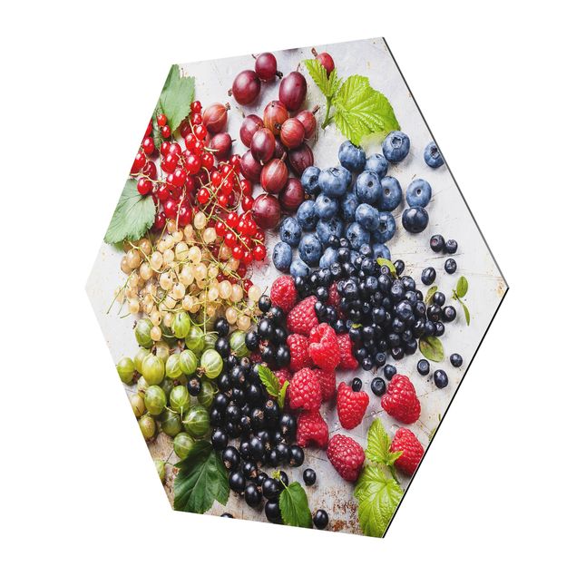 Hexagon Bilder Mischung aus Beeren auf Metall
