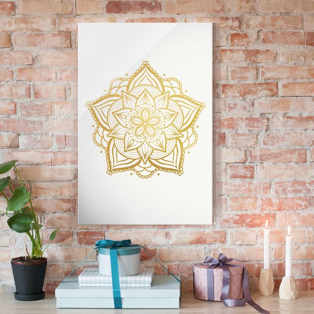 Glasbilder Spirituell Mandala Blüte Illustration weiß gold