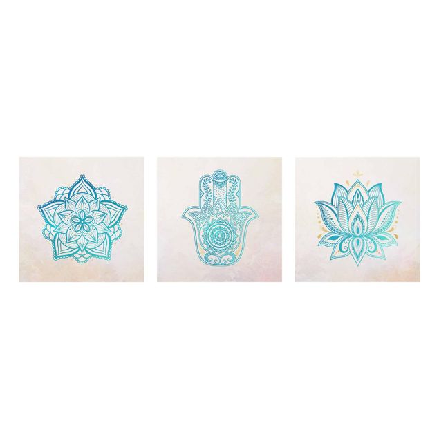 Wandbilder Muster Mandala Hamsa Hand Lotus Set gold blau