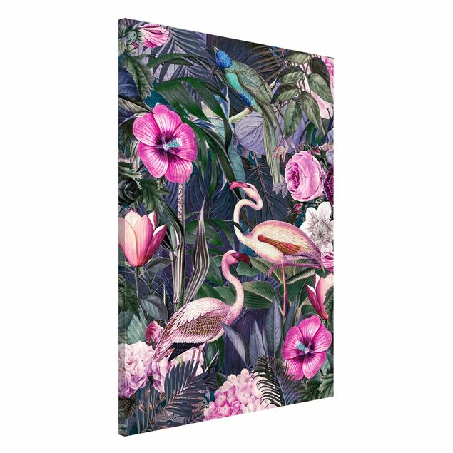 Wanddeko Küche Bunte Collage - Pinke Flamingos im Dschungel