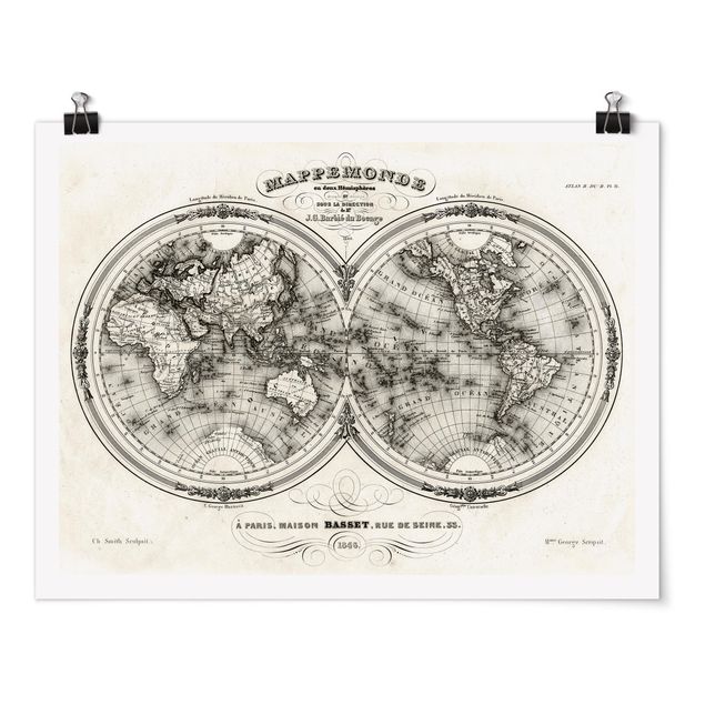 Poster Retro Vintage Weltkarte - Französische Karte der Hemissphären von 1848