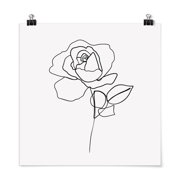 Poster mit Blumen Line Art Rose Schwarz Weiß