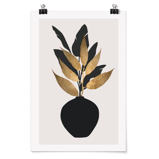 Poster Kunstdruck Grafische Pflanzenwelt - Gold und Schwarz