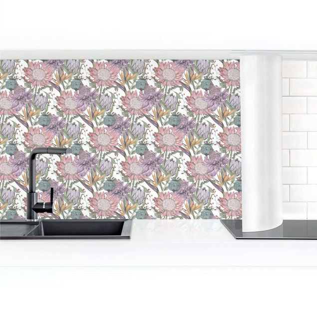 Küchenrückwand Folie Florale Eleganz in Pastell XXL