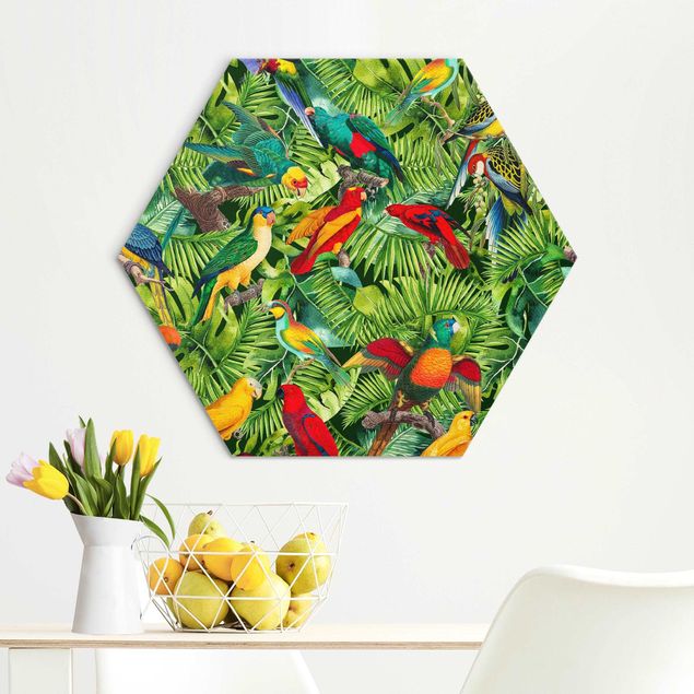 Wanddeko Küche Bunte Collage - Papageien im Dschungel