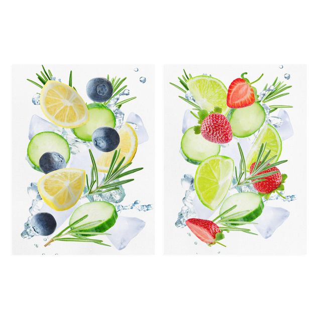 Leinwandbild 2-teilig - Beeren und Zitrusfrucht Eiswürfel Spash - Hoch 3:4