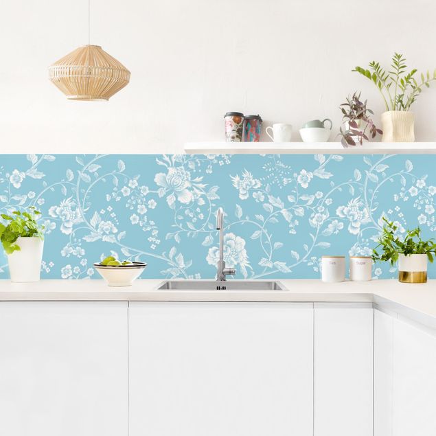 Glasrückwand Küche Blumenranken auf Blau