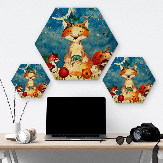 Hexagon Bild Holz - Aquarell Fuchs im Mondschein