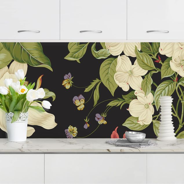 Wanddeko Küche Gartenblumen auf Schwarz I