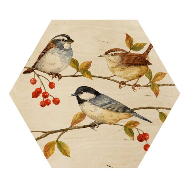 Hexagon Bild Holz - Vögel und Beeren - Meisen