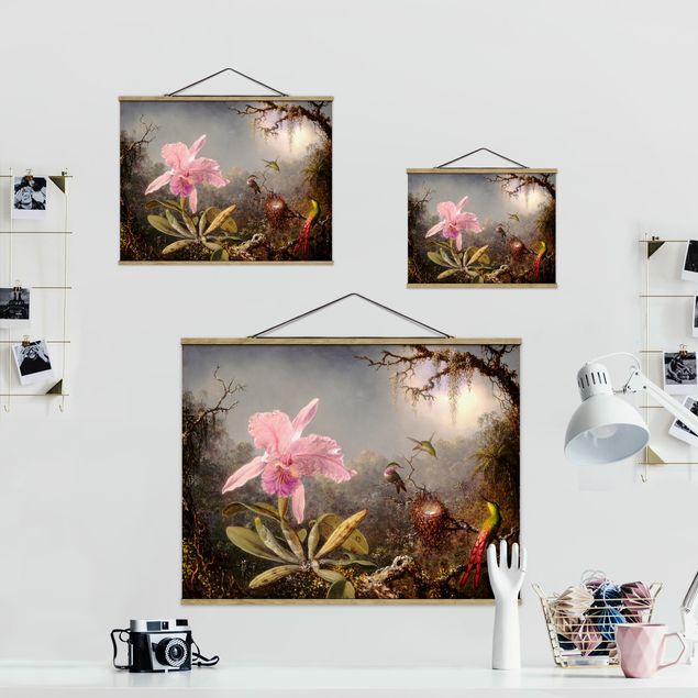 Wandbilder Kunstdrucke Martin Johnson Heade - Orchidee und drei Kolibris