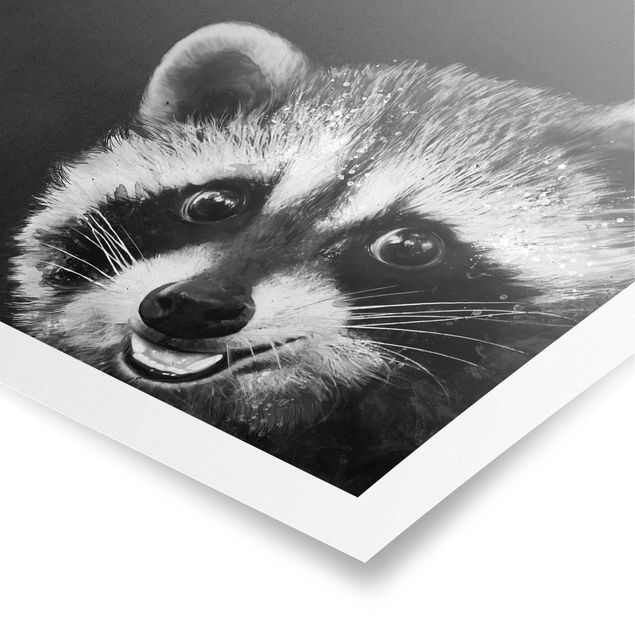 Tiere Poster Illustration Waschbär Schwarz Weiß Malerei