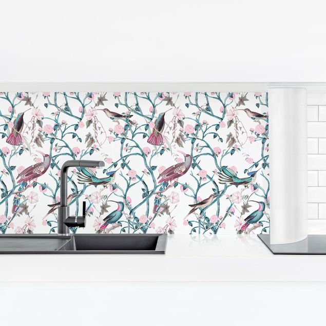 Küchenrückwand selbstklebend Rosa Blumenranken mit Vögeln in Blau
