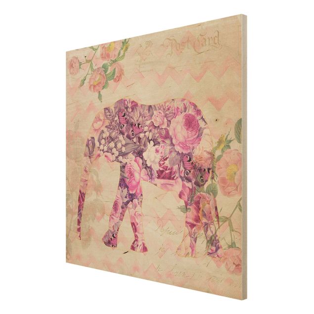 Vintage Bilder Holz Vintage Collage - Rosa Blüten Elefant