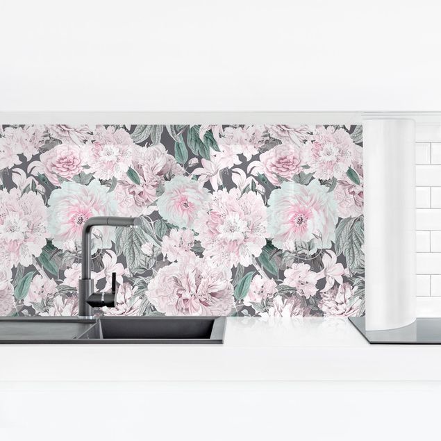Küchenrückwand Folie Blumen Nostalgische Pfingstrosen in Pastell Rosa