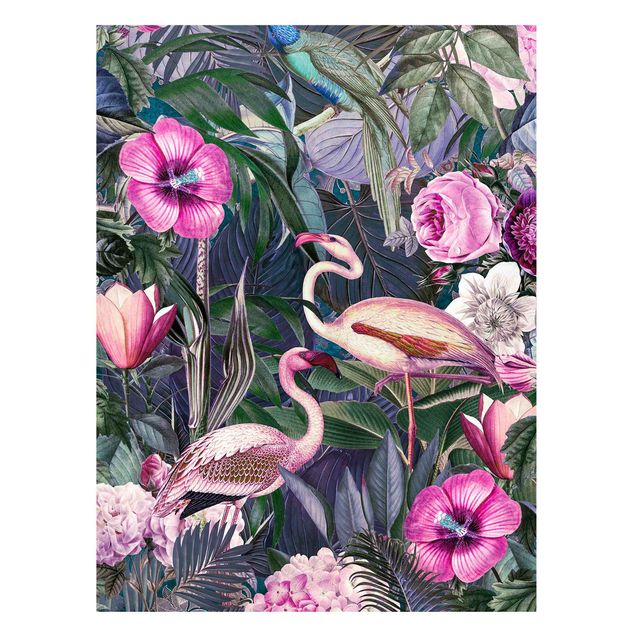 Magnettafel Blume Bunte Collage - Pinke Flamingos im Dschungel