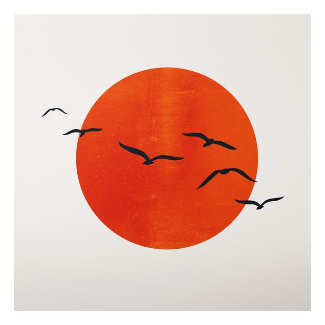 Wandbilder Landschaften Vogelschwarm vor roter Sonne I