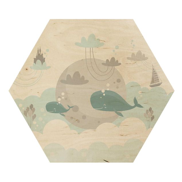 Hexagon Bild Holz - Wolken mit Wal und Schloss