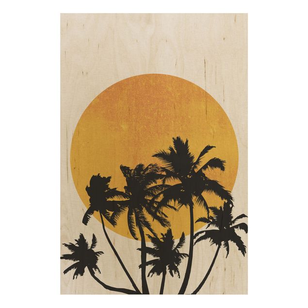Holzbild Blumen Palmen vor goldener Sonne