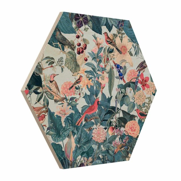 Wandbilder Blumen Vintage Collage - Vogelgarten