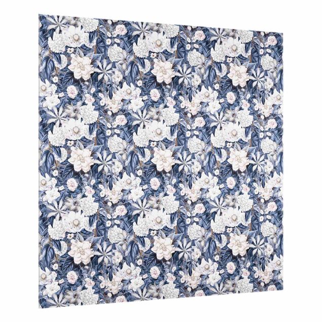 Spritzschutz Muster Weiße Blumen vor Blau