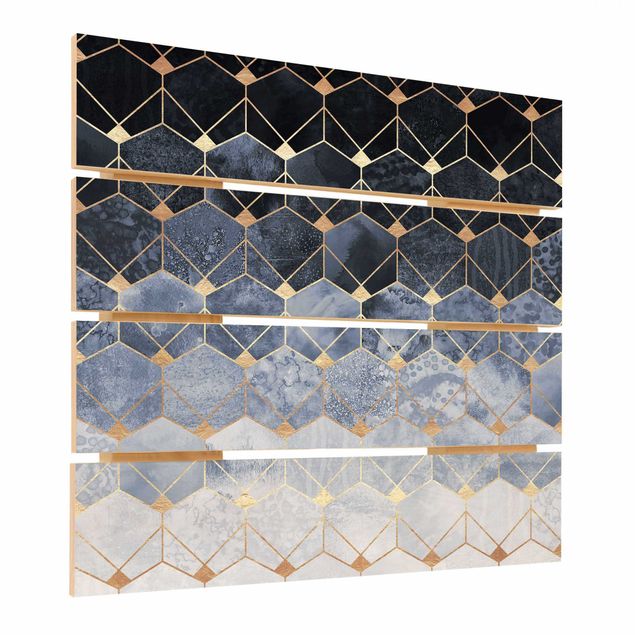 Holzbild - Elisabeth Fredriksson - Blaue Geometrie goldenes Art Deco - Quadrat 1:1