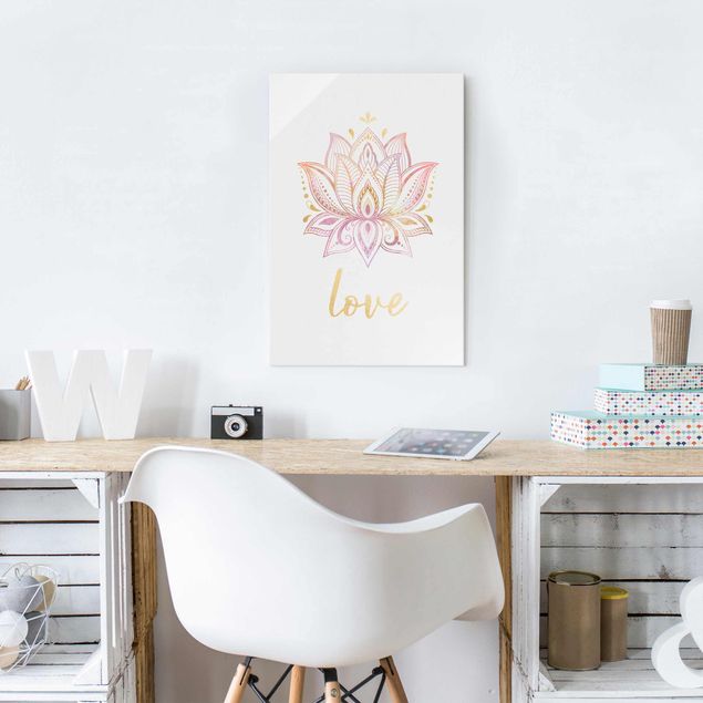 Glasbilder mit Sprüchen Lotus Illustration Love gold rosa