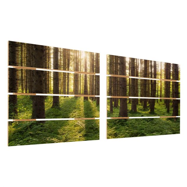 Wandbild Holz Sonnenstrahlen in grünem Wald