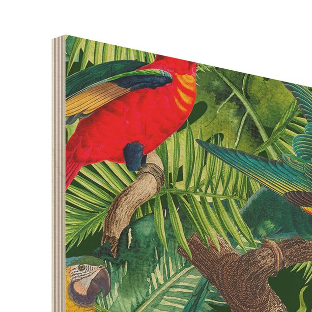 Holzbilder Bunte Collage - Papageien im Dschungel