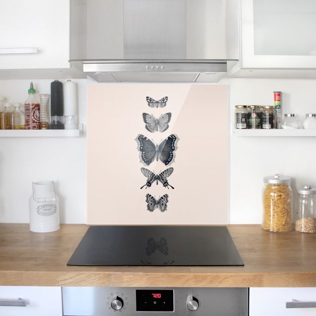 Glasrückwand Küche Tusche Schmetterlinge auf Beige