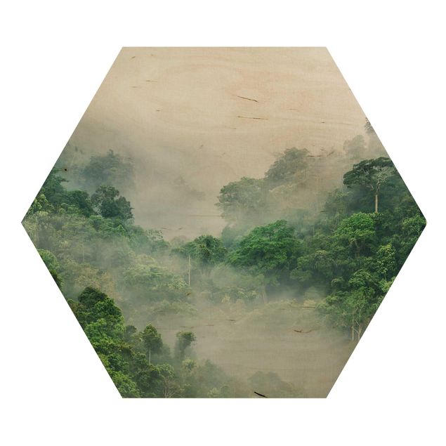 Wandbild Holz Dschungel im Nebel